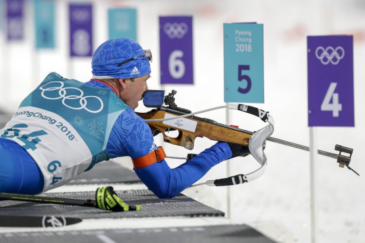 Lowell Bailey, of Lake Placid, looks at the targets before shooting during the 10-kilometer biathlon sprint Sunday at the 2018 Winter Olympics in Pyeongchang, South Korea. (AP Photo/Andrew Medichini)